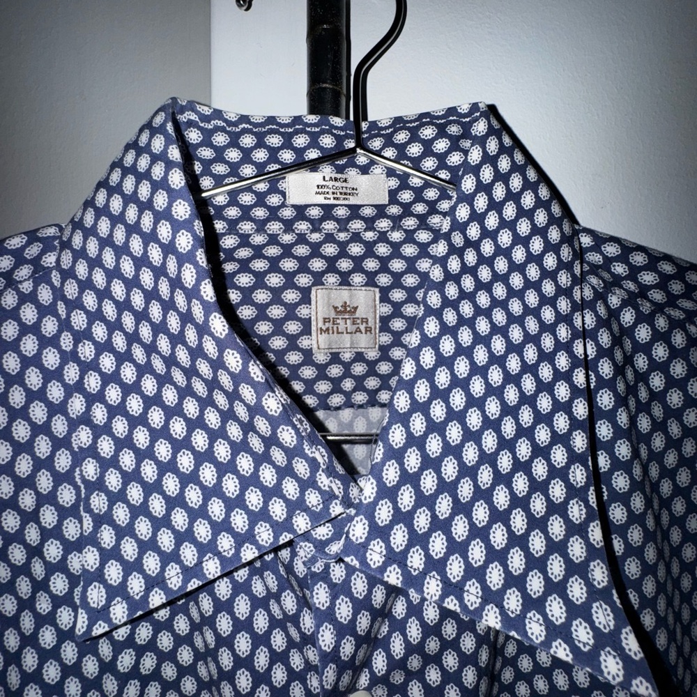 Peter Millar Crown Collection Blue & White Geometric Long Sleeve Shirt – L
